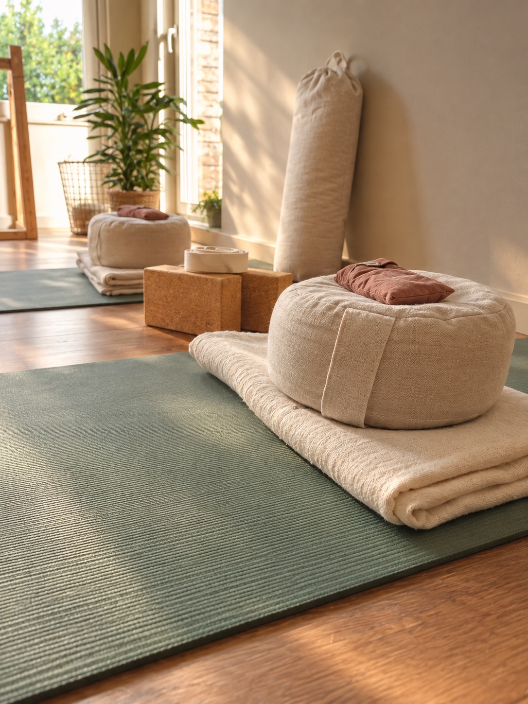 Yogamatten en props klaargelegd in de praktijkruimte